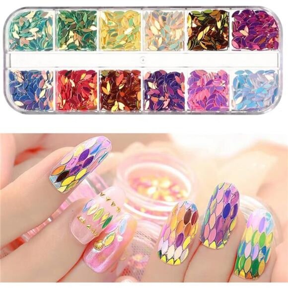 Other - 12 Colors Leaf Nail Art Glitter Sequins, Holographic 3D Leaves Nail Art Flakes